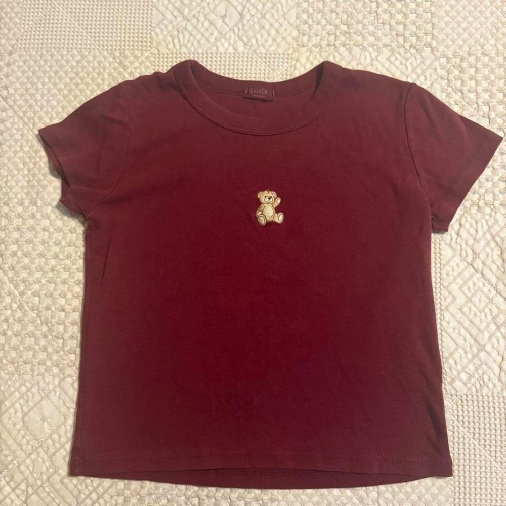 Brandy Melville John Galt maroon baby tee with coquette embroidered teddy bear